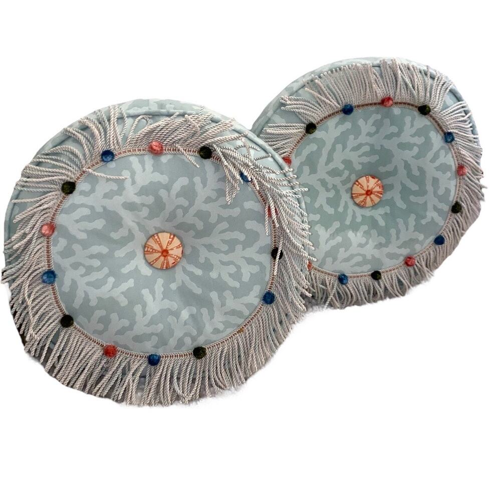 SET OF 2 Fringed Coastal Boho Luxury Round Decorative Pillow Starfish Beachy 15"